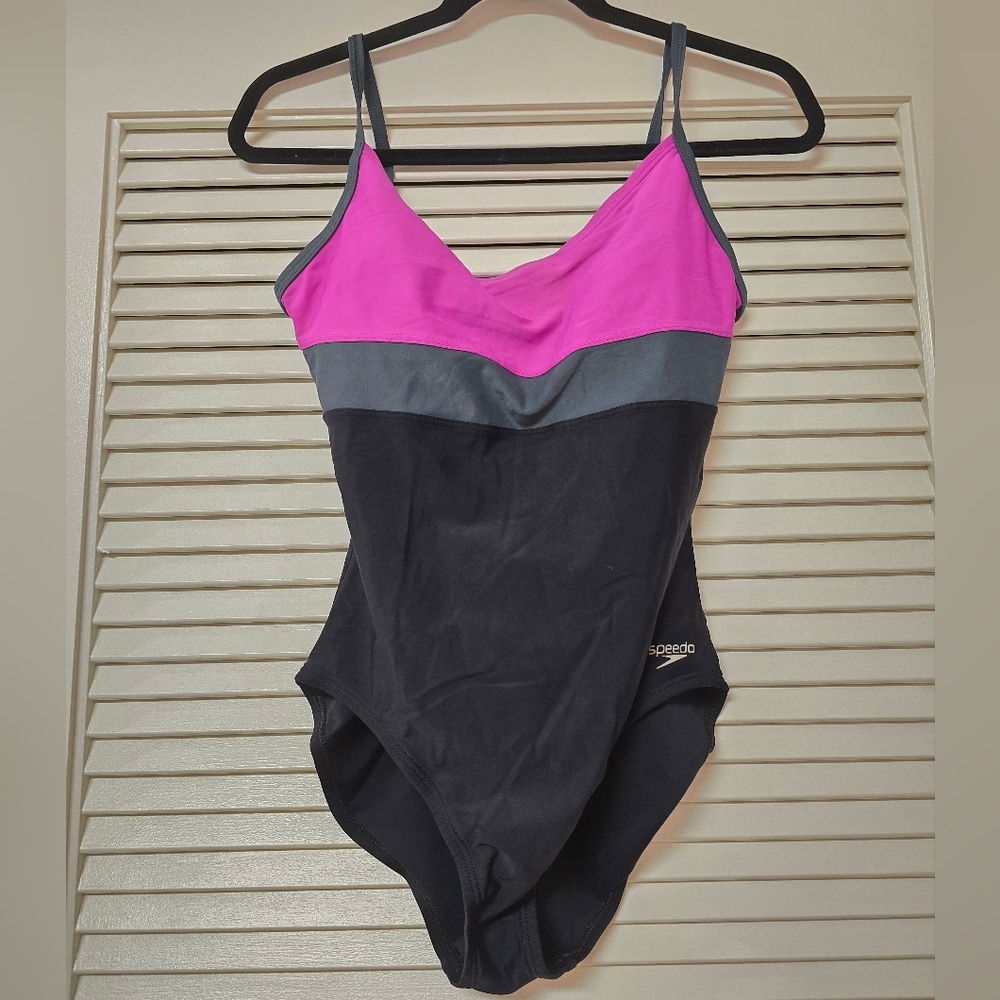 Speedo - Black/Pink/Grey One-Piece Athletic Activewear Swimsuit